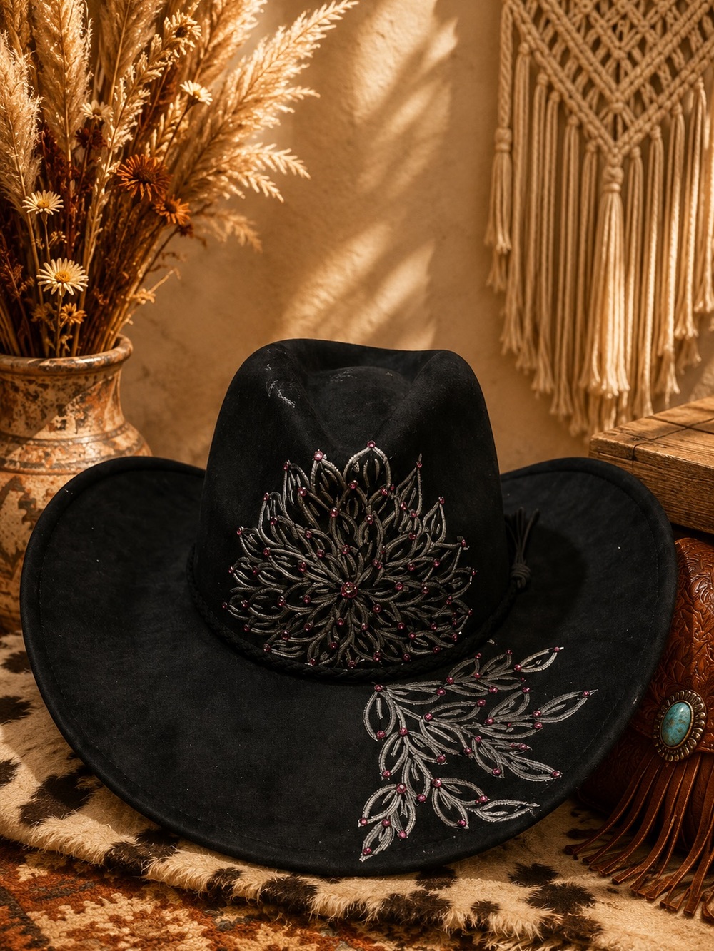 Women’s Black Engraved Vegan Suede Cowboy Hat